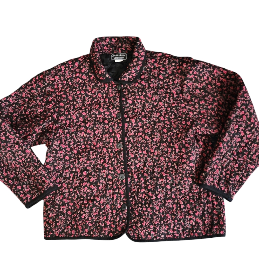 CAROL ANDERSONCollection. quilted button up jacket. 1990s. Pink and black